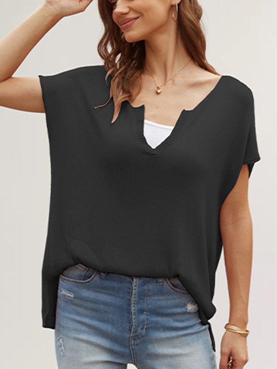 V-neck Solid Color Slit Loose Short-sleeved Sweater T-shirt