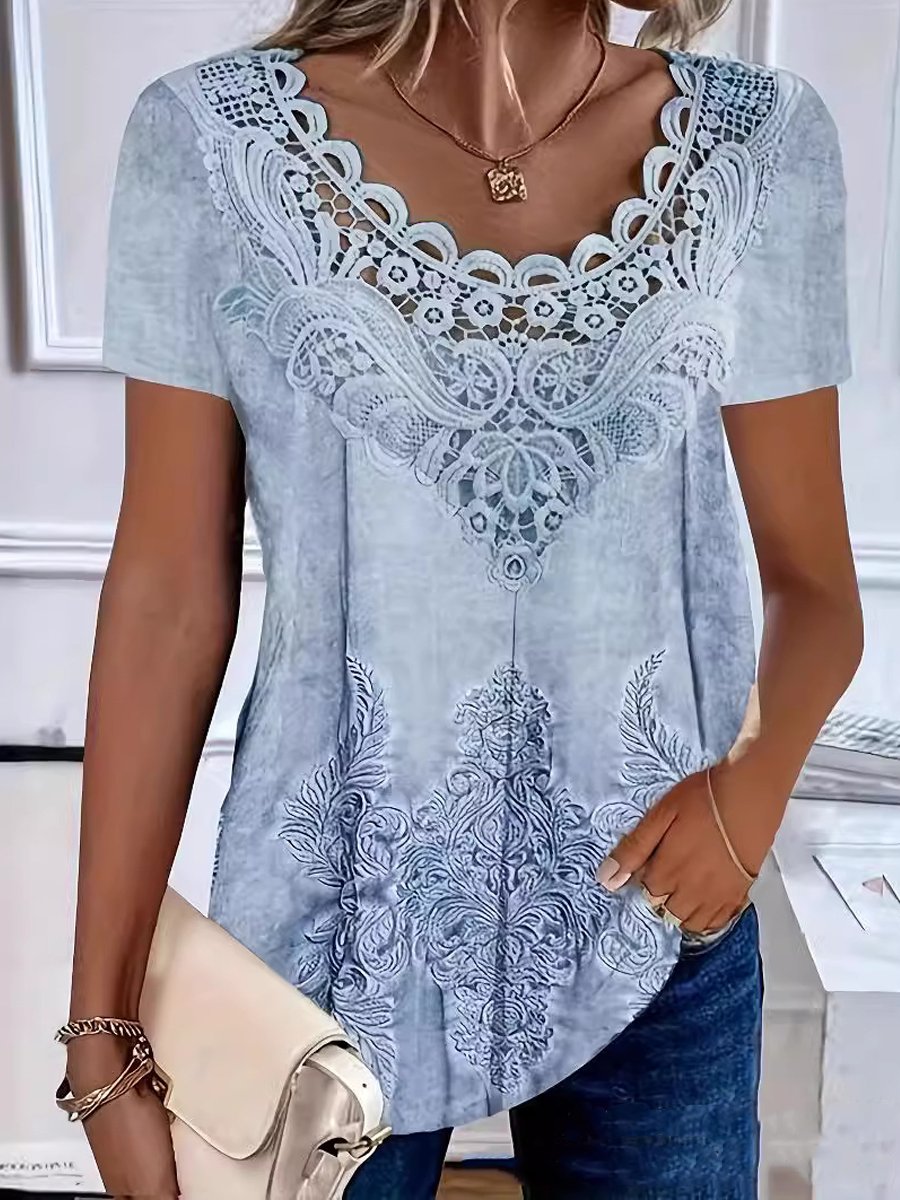 Hollow Lace Short-Sleeved T-Shirt