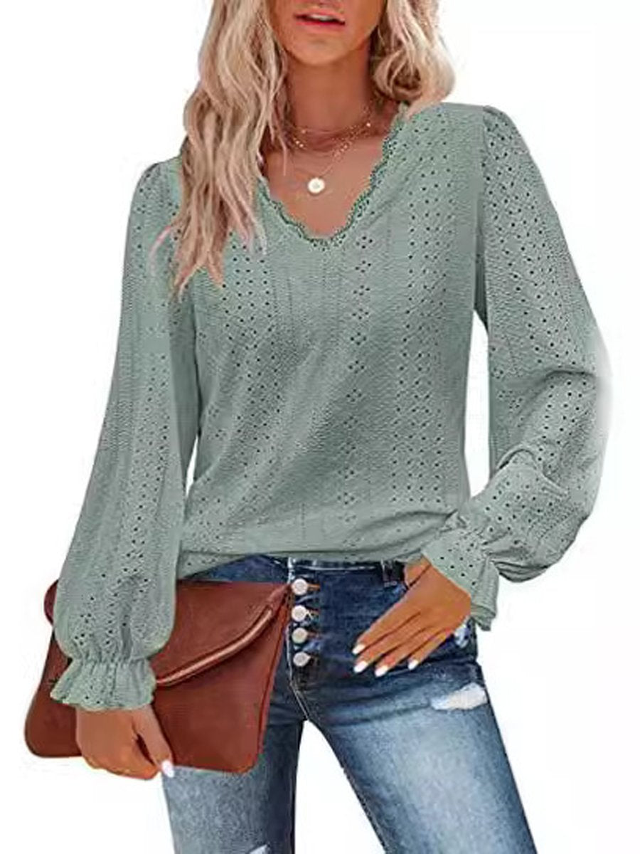 V-neck Cutout Jacquard Casual Long Sleeve Shirt