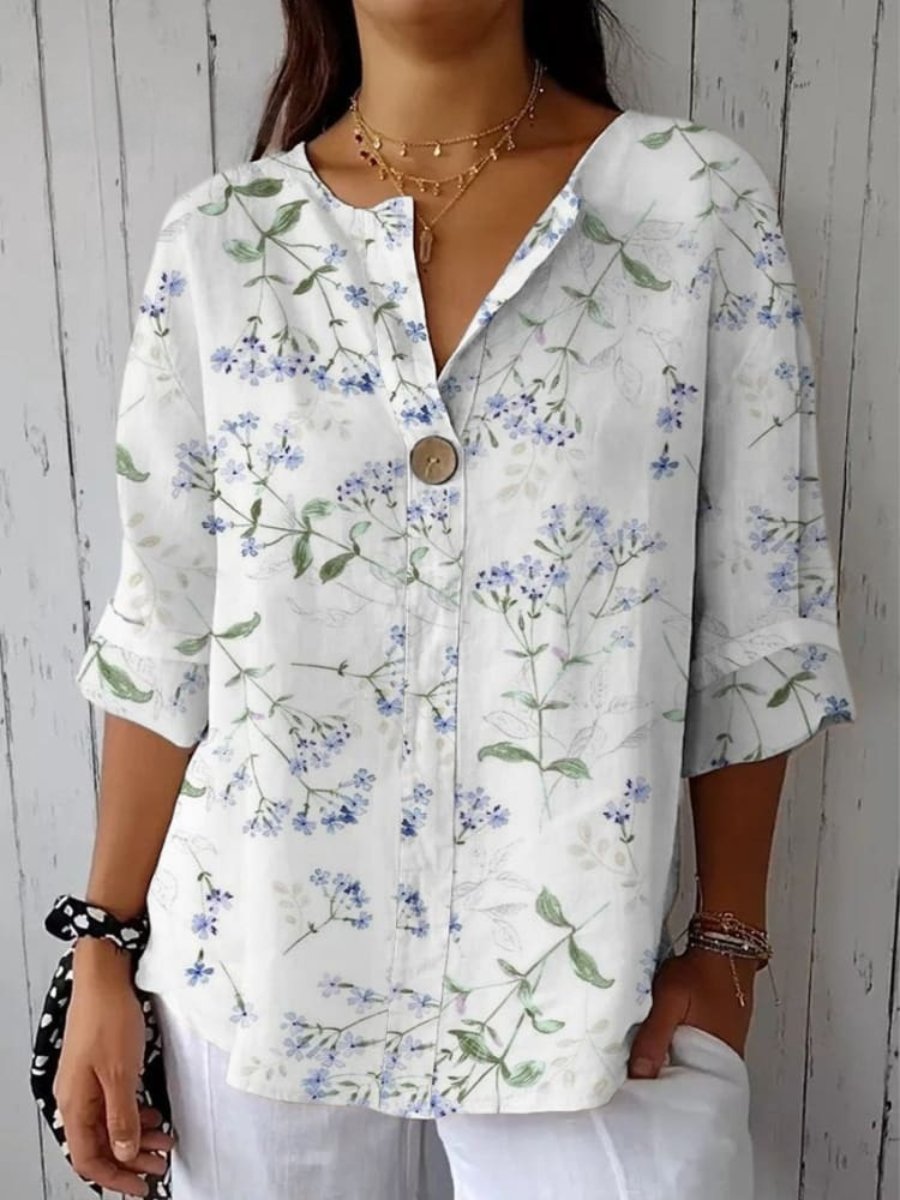 V-neck Printed Button Long Sleeve Shirt