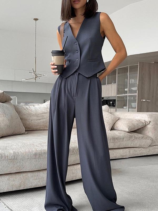 Stylish Vest Draped Back and Wide-leg Trousers Set