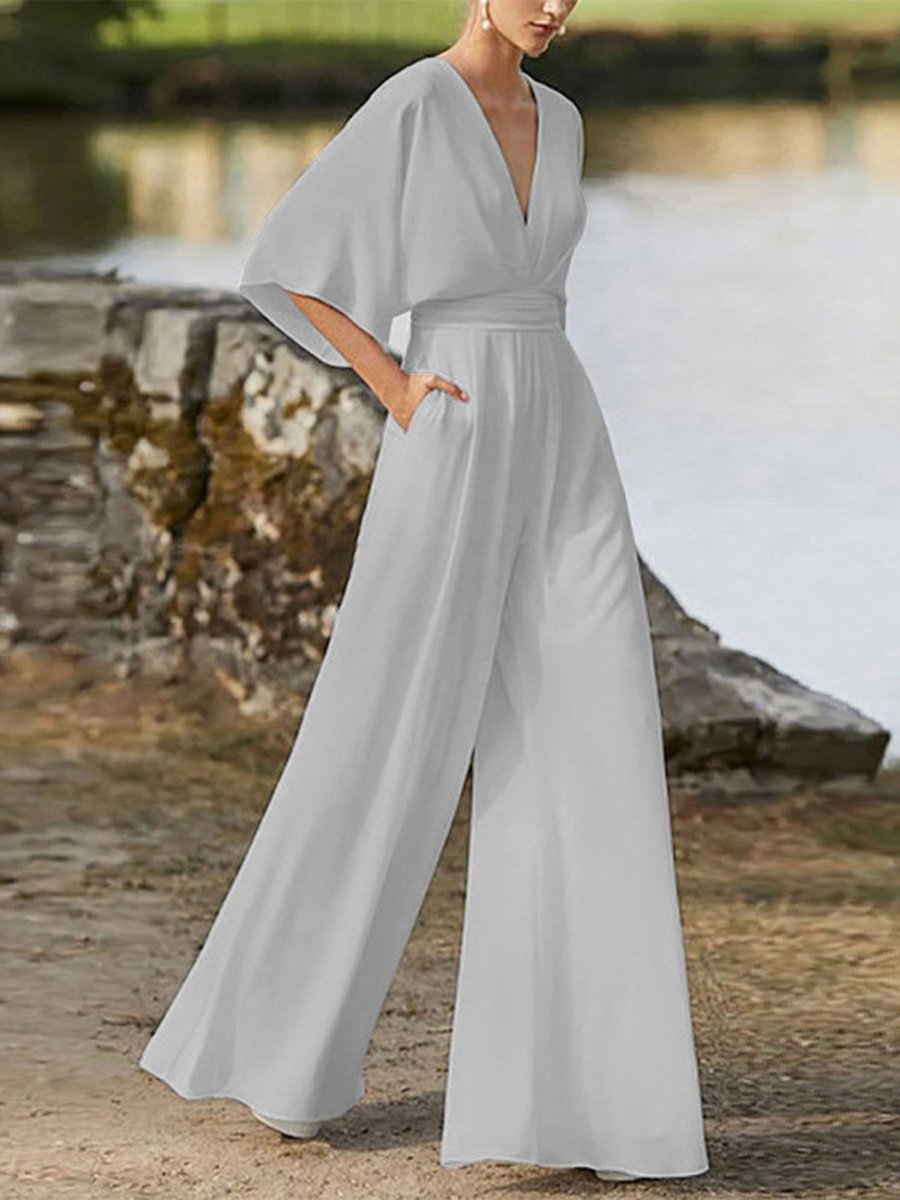 V-Neck High-Waisted Wide-Leg Jumpsuit