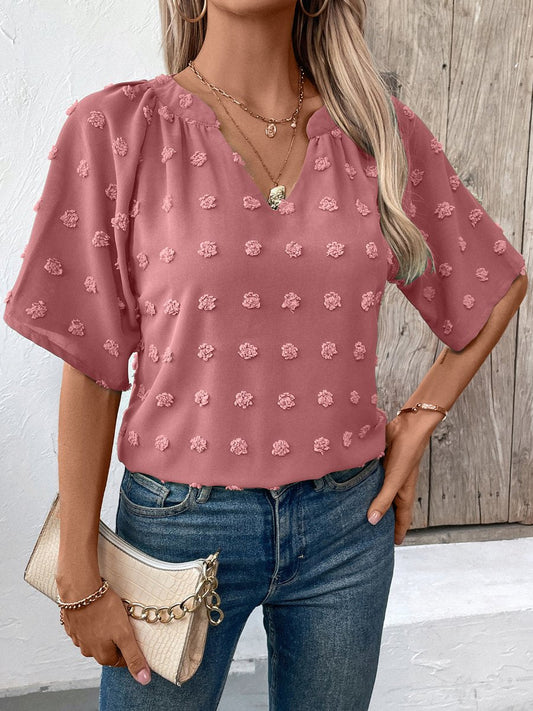 V-neck Jacquard Loose Short Sleeves Blouse