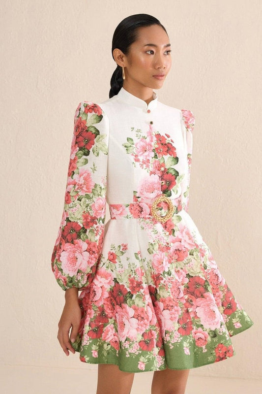 Renata Floral Printed Balloon Sleeves Midi Dress