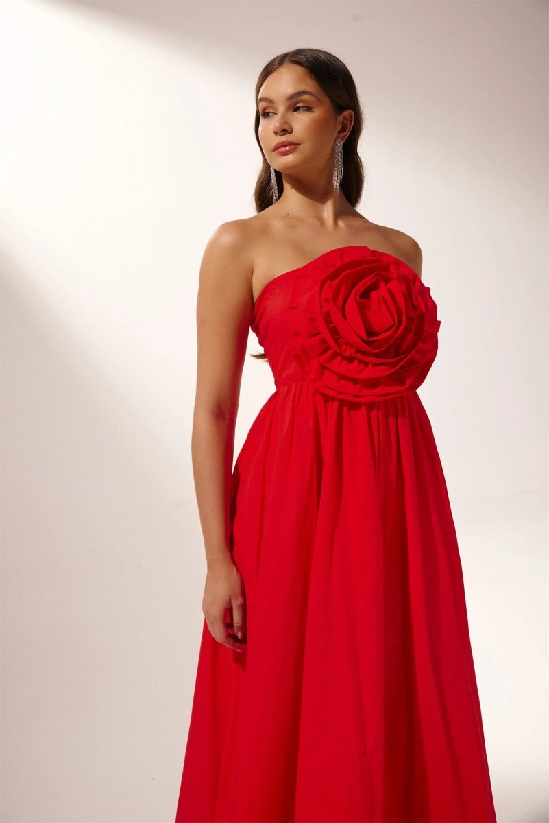 Sculpted Flower Strapless Maxi Dress